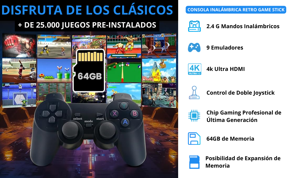 Consola Retro 4K HDMI Portátil Conectable a TV |+ de 25,000 Juegos Preinstalados|