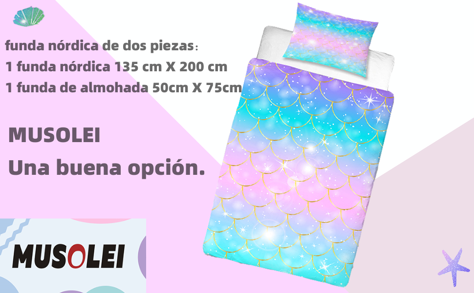 Sirena Funda nórdica Infantil Funda de edredón 135x200cm Escamas de Pescado Juego de Ropa de Cama