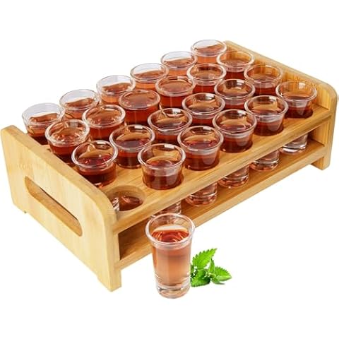 Juego de vasos de chupito, soporte de cóctel de madera y vaso de chupito, organizador de mesa de servir bebidas, 24 agujeros con transparente, 24 piezas de 15 ml -20ml para bebidas