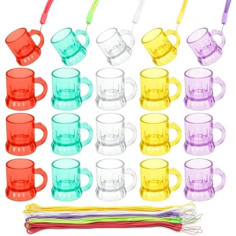 BLLREMIPSUR 20 vasos de chupito con asa, vasos de chupito de plástico de color para fiesta con 20 cadenas, collar de despedida de soltero para boda, cumpleaños, despedida de soltera