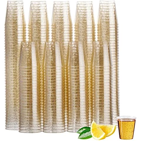 MATANA 300 Vasos de Chupito de Plástico Duro con Brillo Dorado, 30ml - Resistentes y Reutilizables - Cumpleaños, Bodas, Navidad, Barbacoas, Halloween, Fiestas