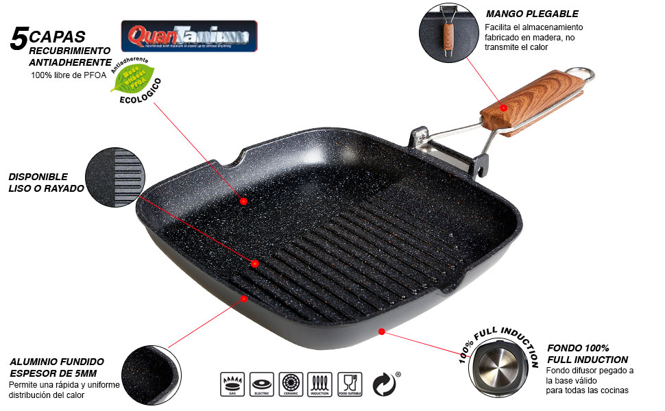 Ecochef Grill Asador Inducción Rayas, Antiadherente Ecológico sin PFOA, Aluminio Fundido