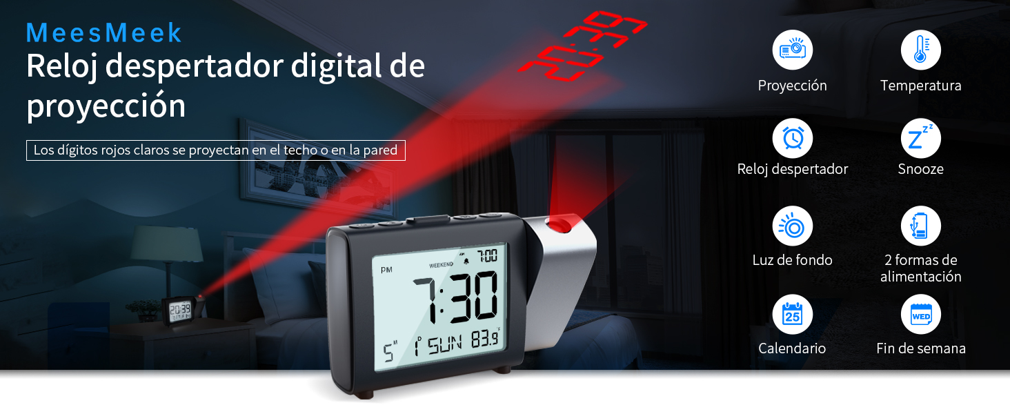 MeesMeek Reloj despertador de proyección para dormitorio