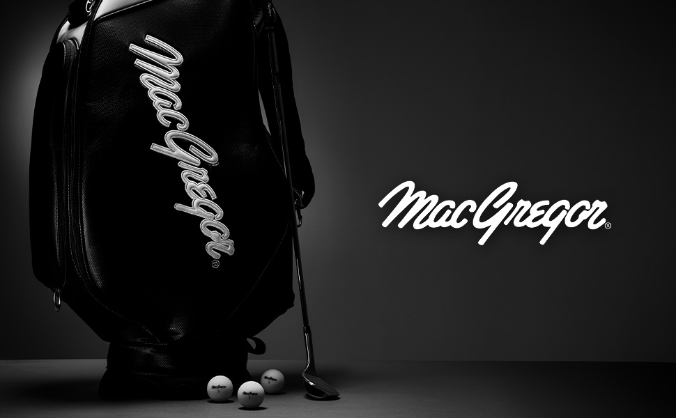 Bolsa de golf MacGregor en blanco y negro, pelotas y palo